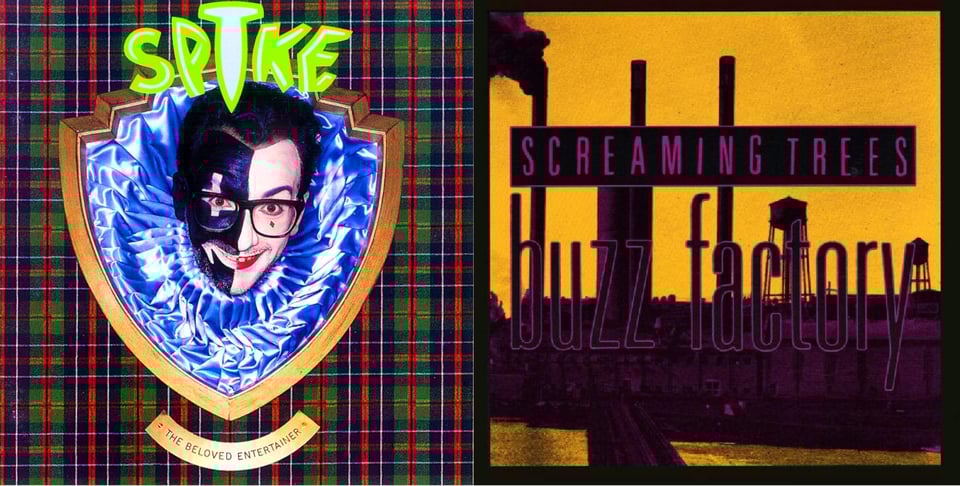 First pic: Elvis Costello, with his trademark thick-rimmed black glasses, his head poking through a shield-shaped plaque. Within the shield, his head is surrouned by blue ruffles of some kind of fabric. Costello looks like a harlequin; half his face is painted black, the other half white. The black side has a white strip horizontally over his eye, and his lips are painted white as well. On the white side, his lips are painted red. He smiles maniacally. The plaque has a plaid background. The plaque is labeled "THE BELOVED ENTERTAINER.” Second pic: A photgraph of a waterside or riverside factory, a flat building along the bottom with some smokestacks emerging from the top. One smokestack bellows black smoke. Beyond the factory are two water towers. The sky and water are tinted orange and the buildings are tinted purple.