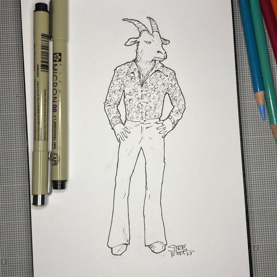 Drawing of a goat person in 1970s disco outfit
