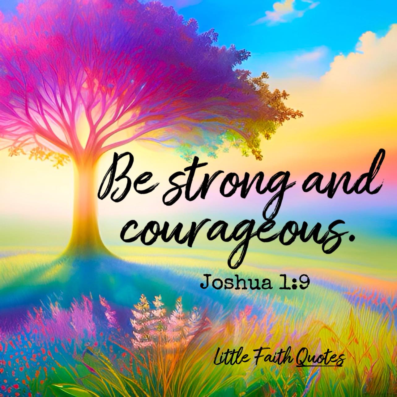 “Be strong and courageous. Do not be afraid; do not be discouraged, for The LORD your God will be with you wherever you go.” ~Joshua 1:9. A beautiful hot pink and yellow tree rises out of the blue, green, and purple grassy ground. Tufts of yellow, pink, and blue flowers spring to life in the foreground, the sun sets in the blue sky. Puffy, yellow clouds dot the sky. Image by @Little Faith Quotes.