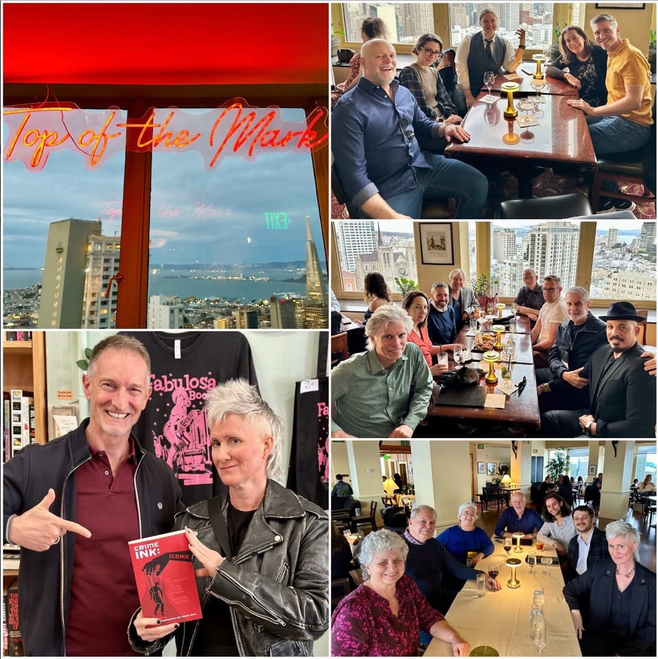 A bunch of photos of queer crime writers at Top of the Mark. Also, a snap of me and Marco Carocari pimping Crime Ink Iconic at Fabulosa Books.