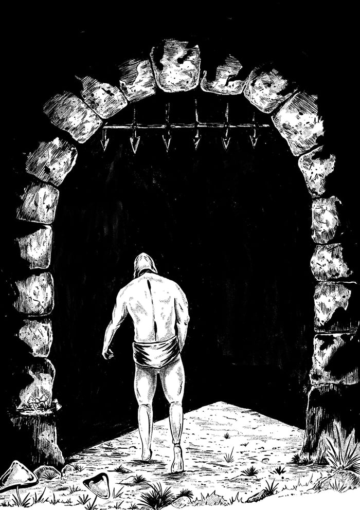 A scantily-clad prisoner walks under a portcullis into a dark, mysterious cave.