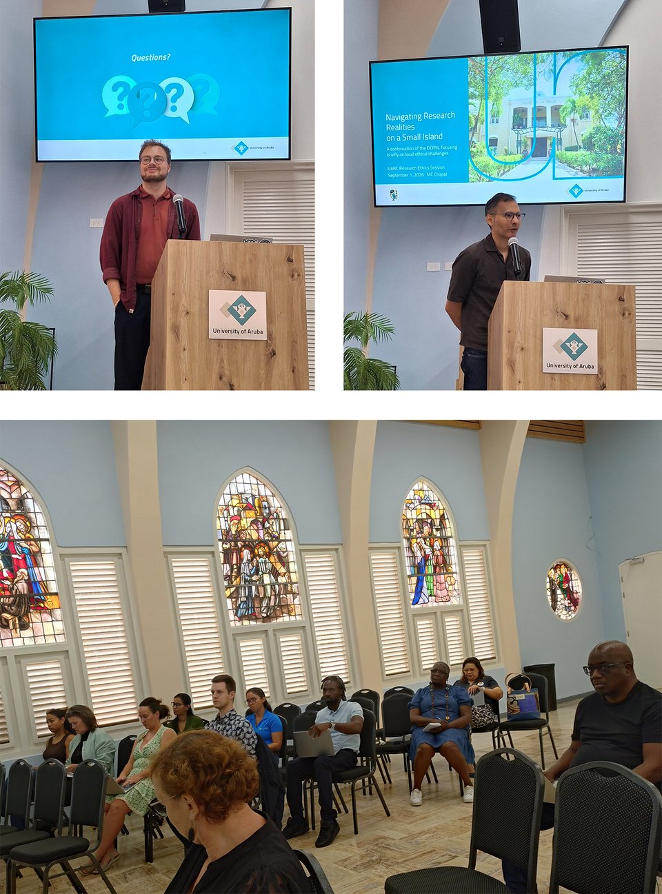 Picture of the workshop session, with Bart van Donselaar in front of a questions slide, Francis in front of his title slide, and Pauline and other workshop attendees sitting in the UA Chapel.