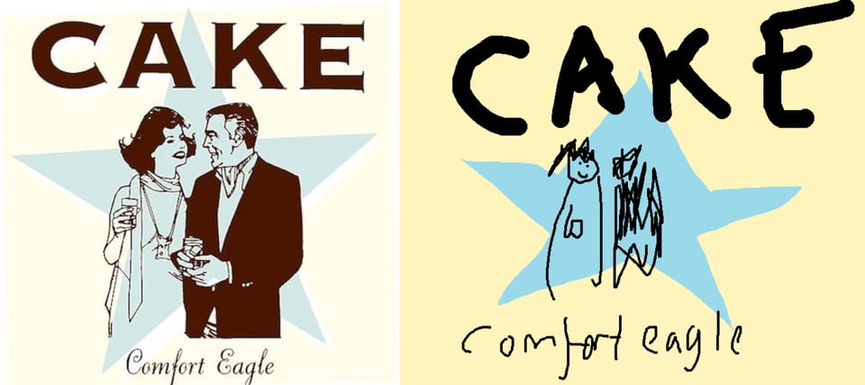 A pen and ink drawing of a couple, a middle-aged woman and man. They hold drinks and smile at each other; it seems like they are at a party. The woman has black hair and dark lipstick, wearing a dress with a scarf around her neck. She wears a necklace with a pendant at the end, which vaguely looks like a rook in a chess. The man wears a dark jacket and a neckerchief. His temples are grey. The drawing is superimposed on a light blue star shape.