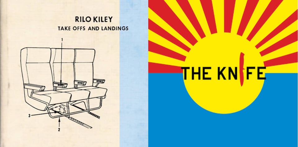 First pic: A pen and ink diagram of three airline seats on a beige background. Arrows point to one of the arm rests, a bar at the bottom that runs across the bottom of all the seats, and to some unidentifiable piece underneath the first chair. . Second pic: A yellow circle, sun-like, with rays of yellow and red emanating from it just on the top 180 degrees. The other 180 degrees below it is blue. In the circle, written in black, is THE KNIFE. The "I" in knife has been replaced by a red silhouette of a knife.