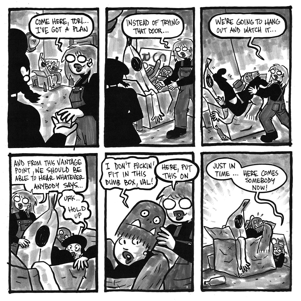 Tori and Val hide in a box full of costumes