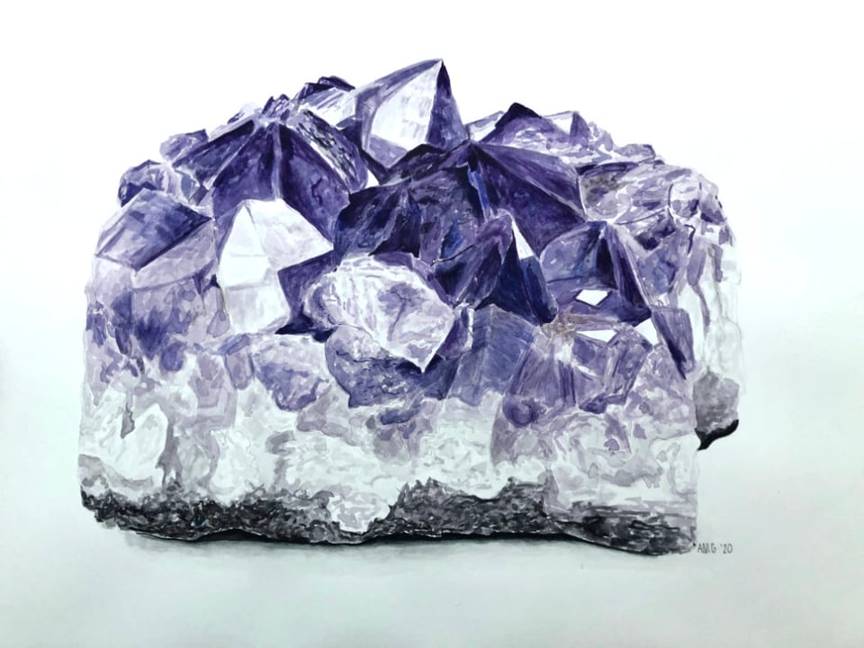 A watercolour picture of a mass of purple crystal