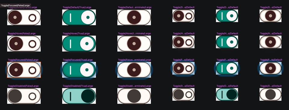 A series of toggle button designs; 4 states each, with 6 different variants