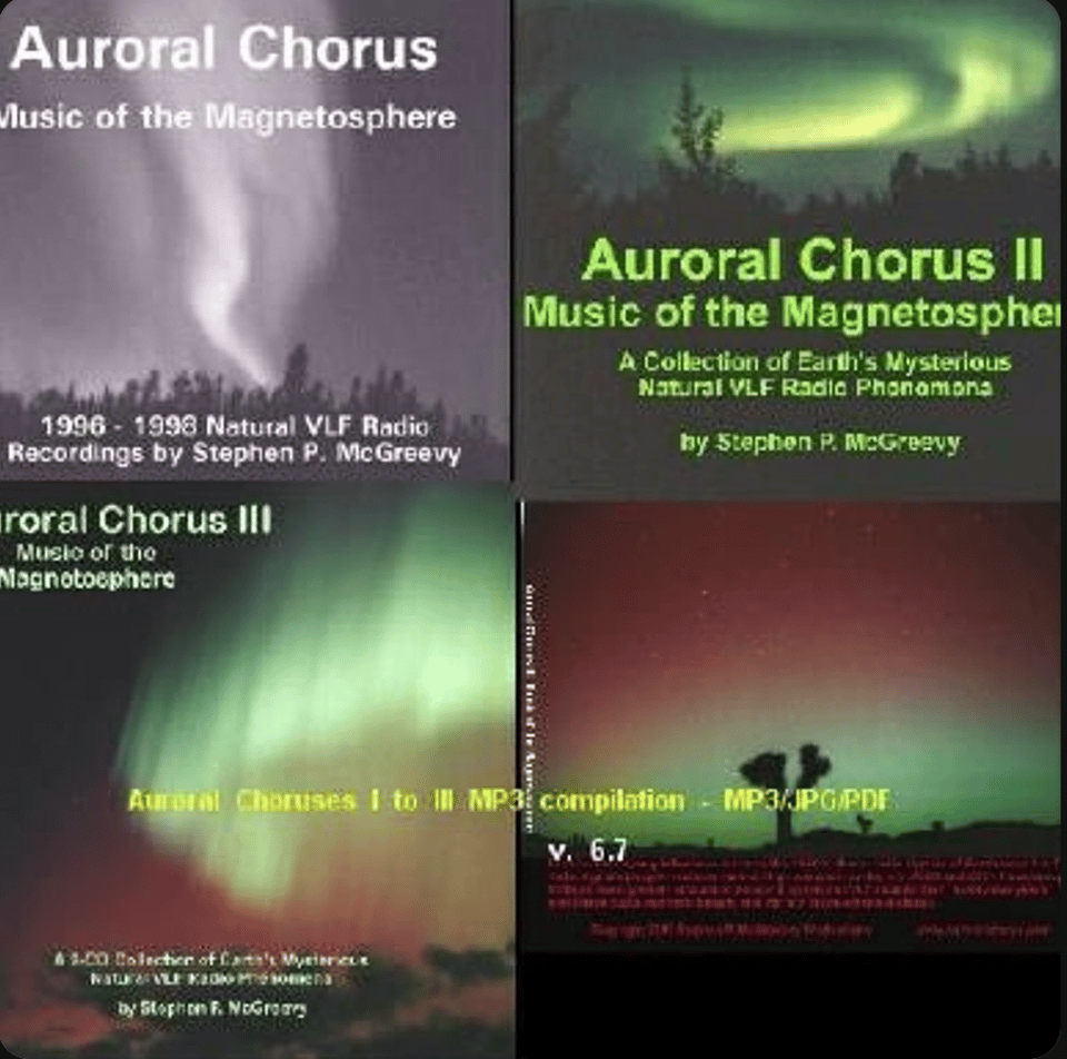 4 covers of Stephen McGreevy's album covers for Auroral Chorus, Music of the Magnetosphere.