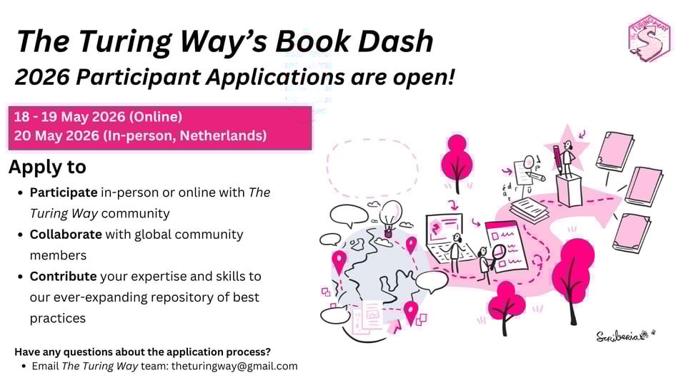 The announcement image for The Turing Way Book Dash.

Information on the flyer reads below:

The Turing Way’s Book Dash 2026 Participant Applications are open!

Book Dash holds on the 18th and 19th of May 2026 (online), and on the 20th of May (in-person at Netherlands).

Apply to
- Participate in-person or online with The Turing Way community
- Collaborate with global community members
- Contribute your expertise and skills to our ever expanding repository of best practices

Have any questions about the application process?
- Email The Turing Way team: theturingway@gmail.com