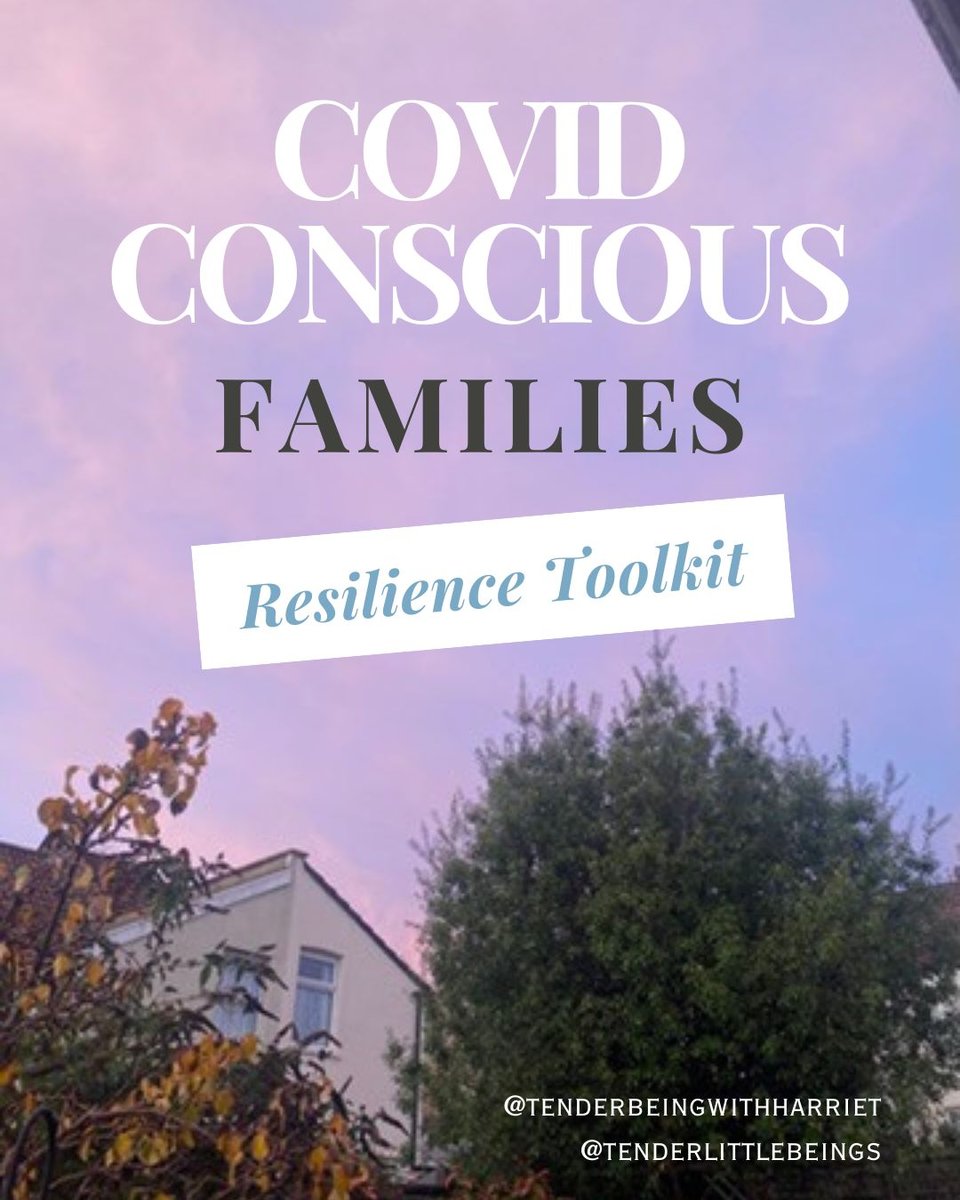 image description: text on a background image of a pink and blue sky above the tops of two houses and trees. Over the image is text, both in boxes and not in boxes. text reads: āCovid Conscious Resilience. Upcoming Sesssions & Community Dates.ā