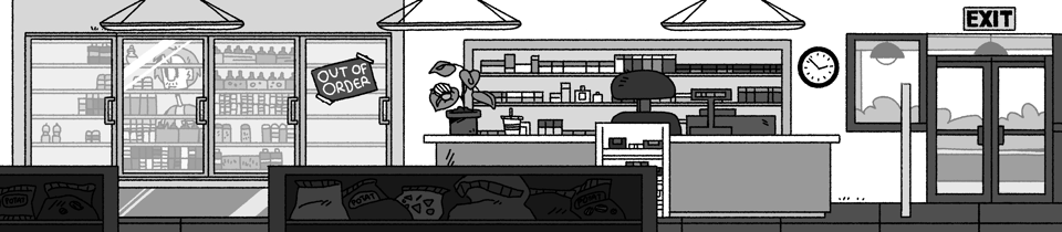 A background for the interior of the gas station. To the left are fridges filled with drinks, where a man is visibly restocking from inside the fridge. Past the fridges is a checkout counter, near which are a cash register, potted plant, and a padded chair. To the right of this counter is the entrance to the gas station, with a sign reading "EXIT" visible above the door.