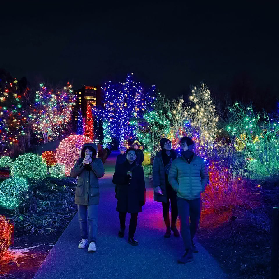 A group walking in a brightly-lit garden at night.