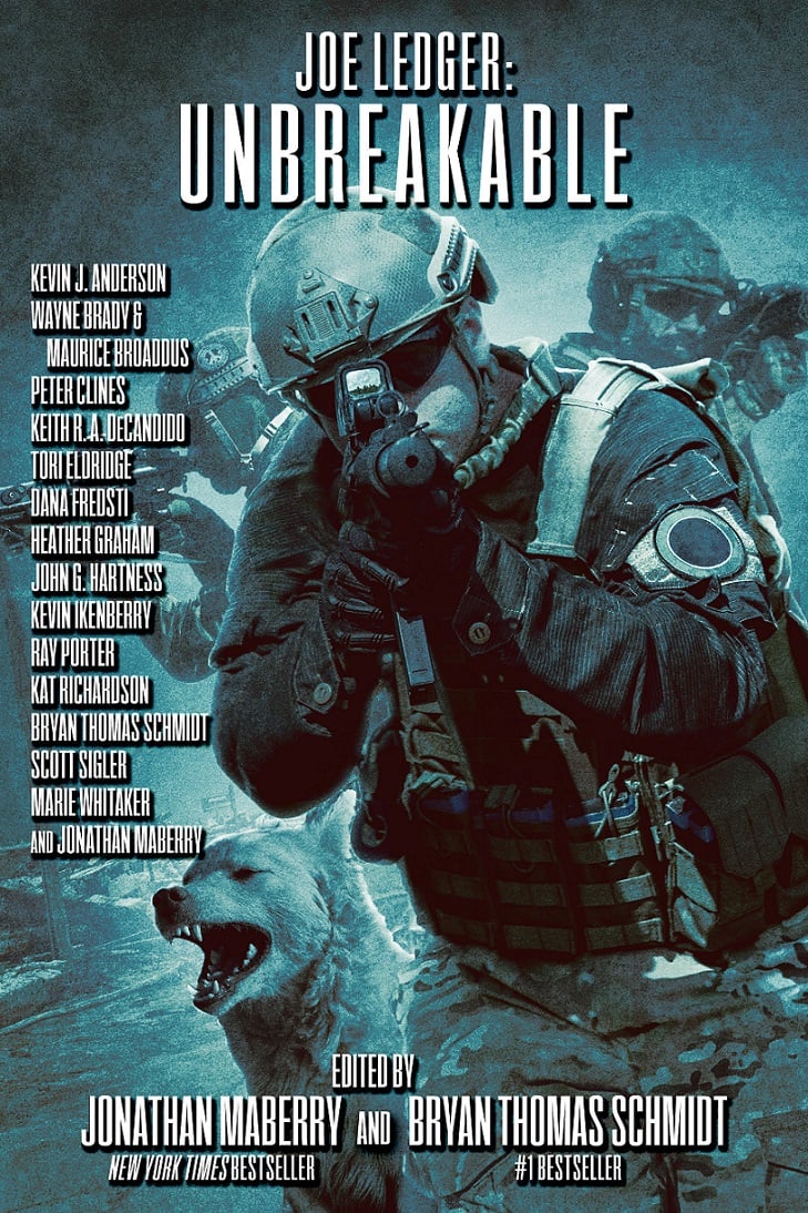 The cover of JOE LEDGER: UNBREAKABLE showing three men in tactical gear with a snarling white dog. A list of contributing authors runs down one side of the cover