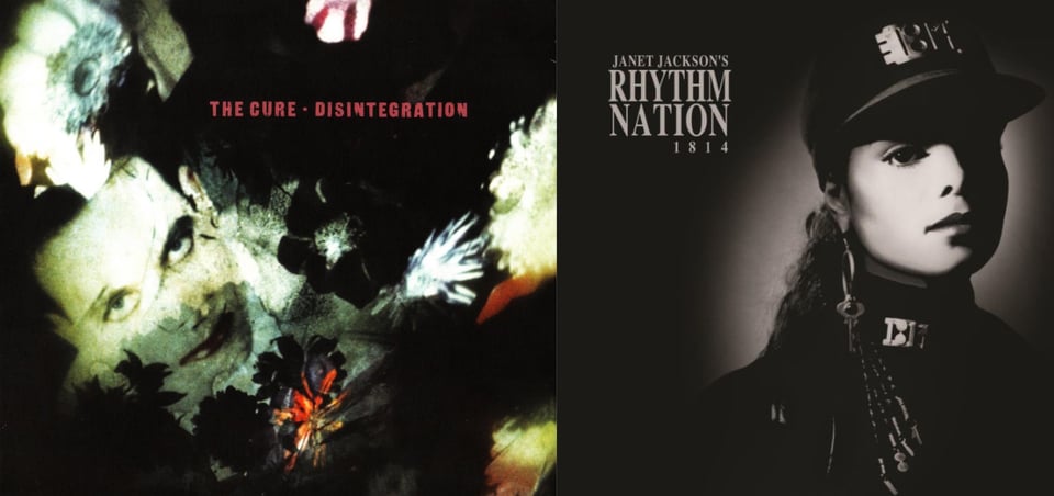 First pic: We see the face of The Cure singer Robert Smith, with pale white skin, black hair, black eyeshadow, and red lips. (He's one of the most Gothiest men alive.) Around him are images of flowers. The photo has a sense of distortion, because I believe it's actually a projection onto a wall or another surface. Second pic: A black and white photo of Janet Jackson, a beautiful young Black woman, from the shoulders up. She wears a black cap, and a jacket with a military-style collar. The hat and the collar both have a metal plate that read 1814. She wears an a hoop earring with a key attached. She stares off to the right.