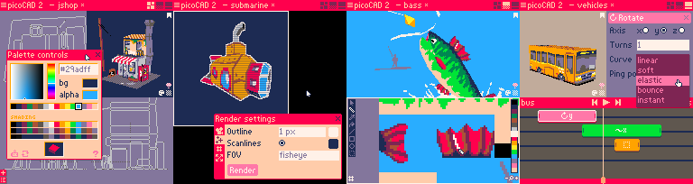 Collection of screenshots of picoCAD 2. Modelling and palette control, gif export effects, texturing, animation.