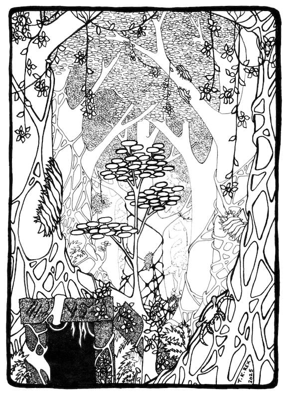 A line drawing of a strange forest full of giant centipedes and some ruins.