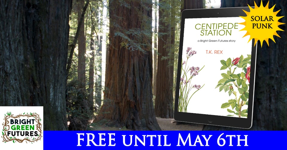 A promo graphic for the free story download, with the cover for Centipede Station that features some botanical illustrations on a white background. The graphic's main background is a photo of a redwood forest.
