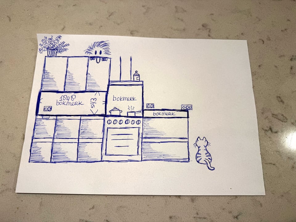 A sketch of the kitchen showing all the cabinets and oven with the dimensions of the backsplash. There are two cute creatures looking on.