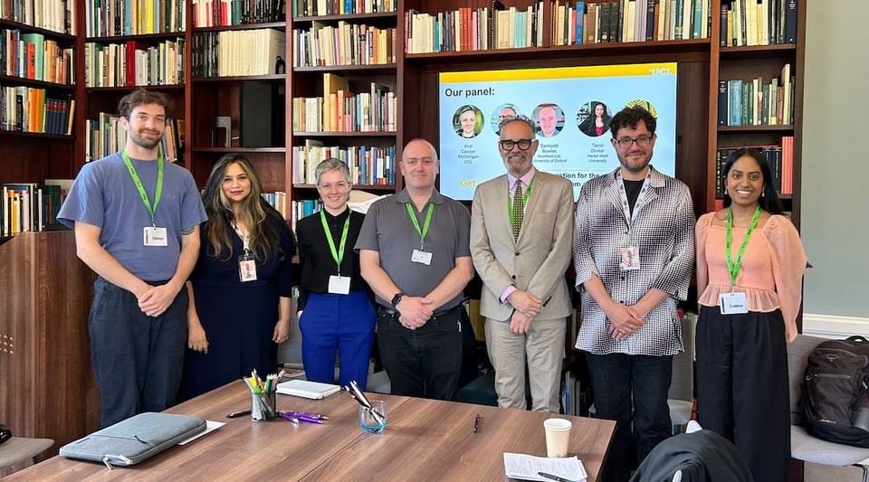 Seven academics (myself included) pose for the camera after a British Academy panel on voice cloning.