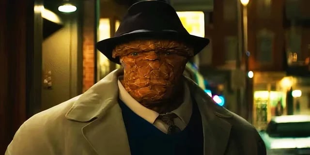ben grimm in a topcoat and fedora from the fantastic four movie