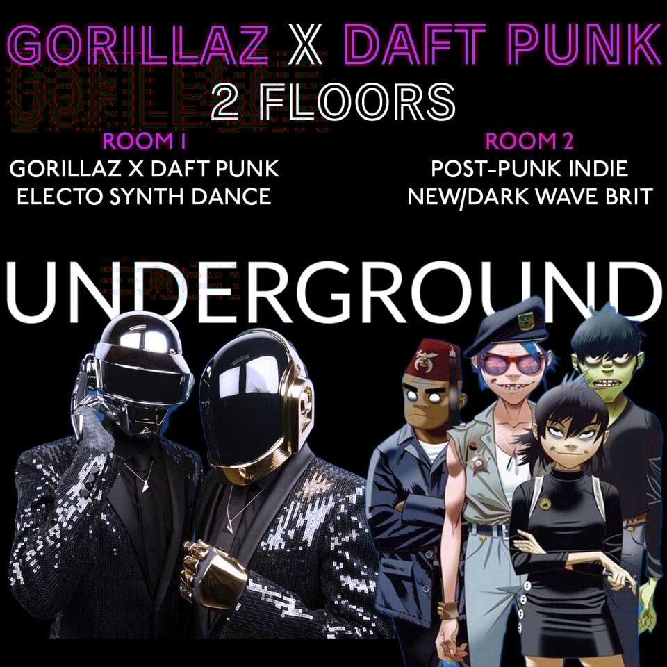 Flyer for Gorillaz x Daft Punk night at Club Underground on Friday, February 6, 2026