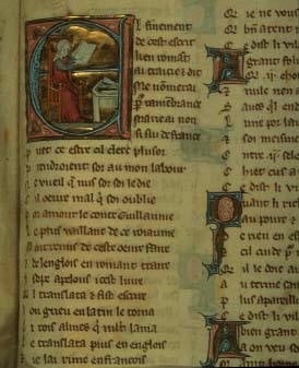 A low resolution scan or photograph of a manuscript page. It is the zoomed out view of the previous image and also includes handwritten text, possibly archaic French?