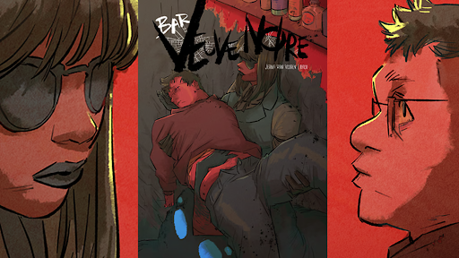 Banner for Bar Veuve Noire. A demon woman barkeep wearing sunglasses holds a pass out man in her arms.