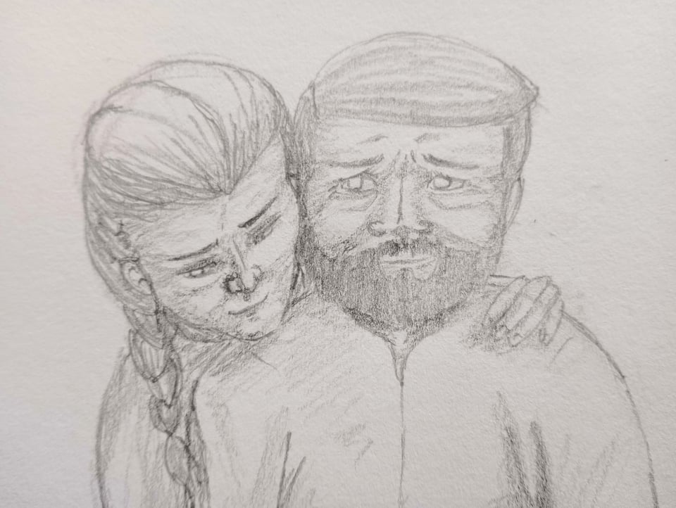 a pencil sketch of a guy with a braid sitting behind a bearded guy, leaning over him with his chin on the bearded guy's shoulder. bearded guy looks appropriately blushy. braided guy looks like he one hundred percent knows what he's doing