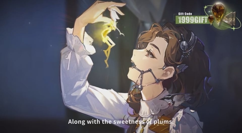 A picture of a beautiful young woman in Victorian dress with an unusual metal head/jaw mechanism, holding a glowing little fairy above her open mouth.