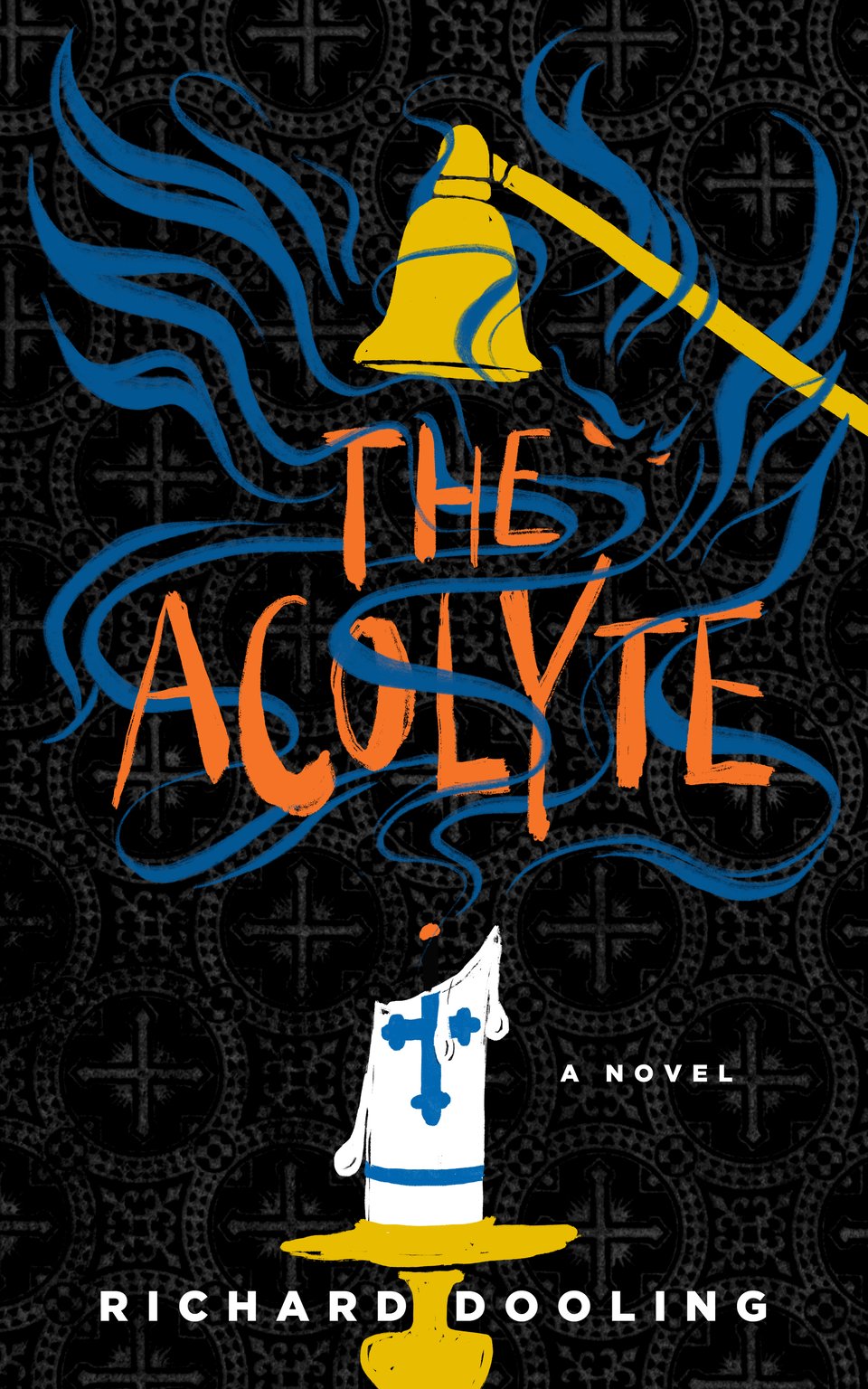 Cover art for Richard Dooling's new novel, The Acolyte. It features a candle with a candlelighter above it, and smoke coming from an extinguished candle with the features of a spooky face barely visible in the smoke.