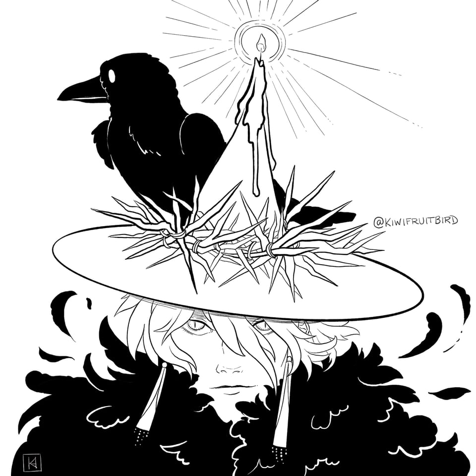 Black and white illustration of a warlock with a candle on his hat, with a raven on too