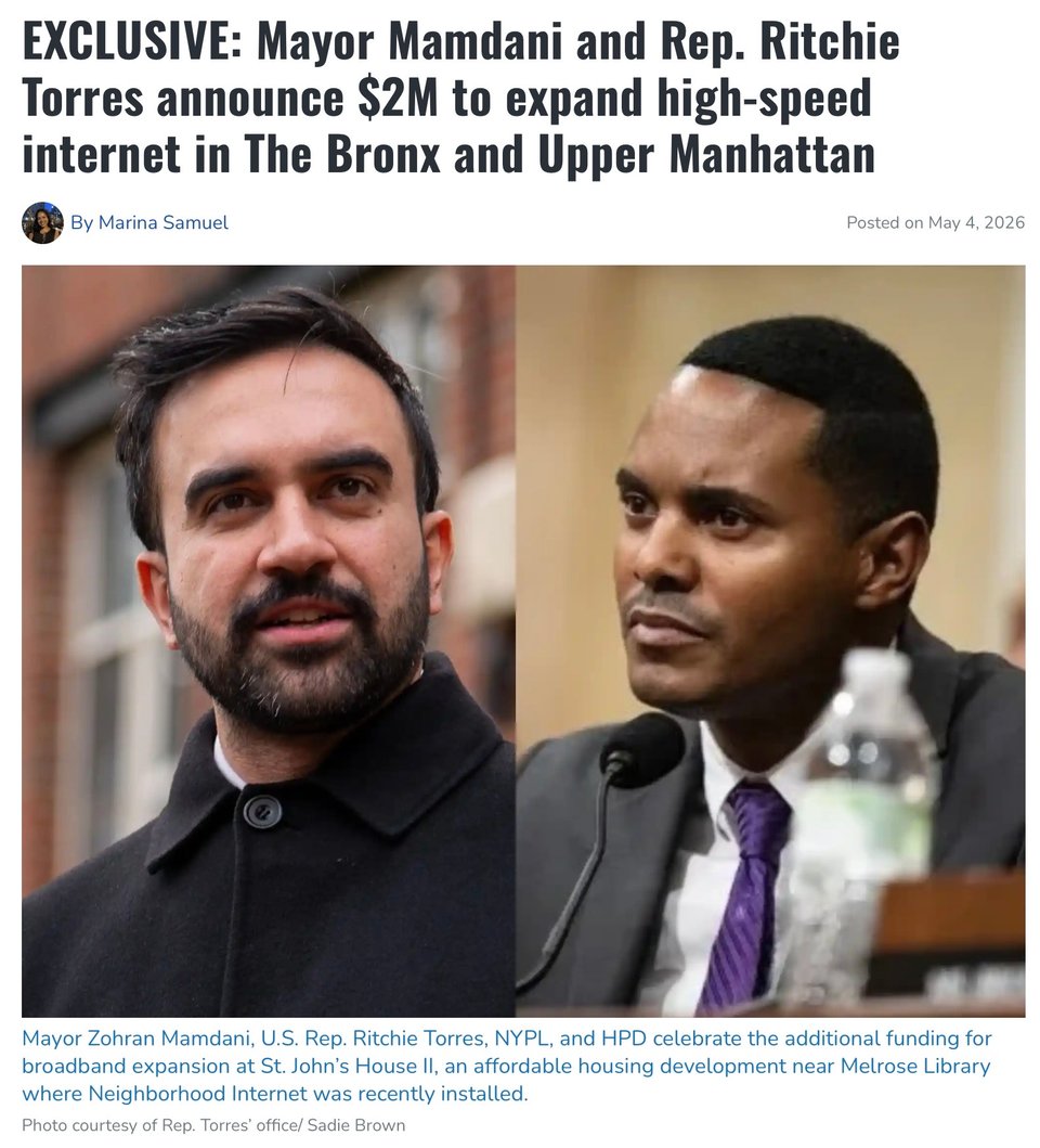 Mayor Mamdani and Rep. Ritchie Torres announce $2M to expand high-speed internet in The Bronx and Upper Manhattan