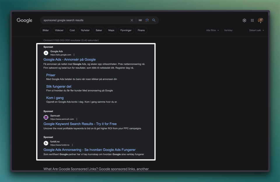 Skjermbilde av sponsa søkeresultater på Google