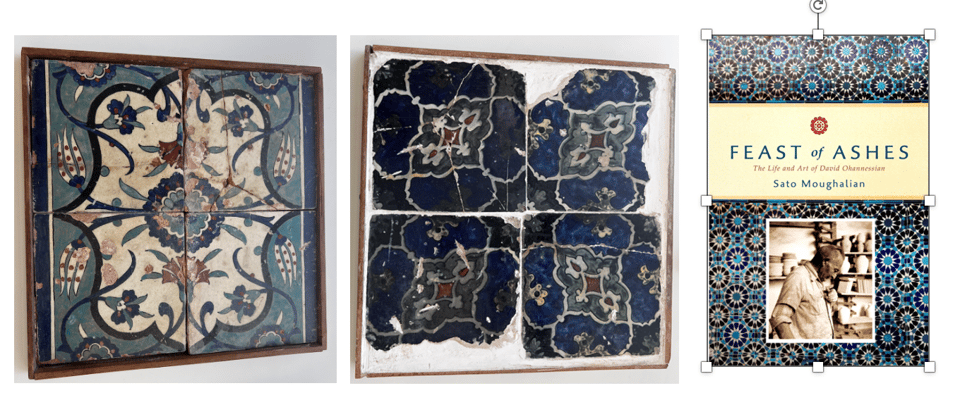 Two images of four tiles each, and the cover of the book Feast of Ashes, featuring the tiles found on the Dome of the Rock