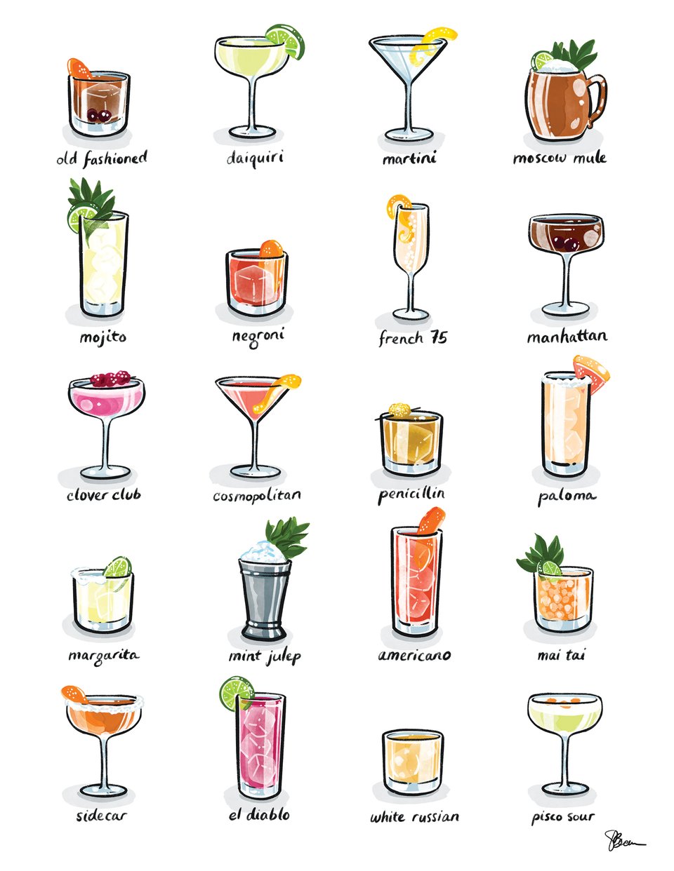 a print of 20 colorful illustrated cocktails