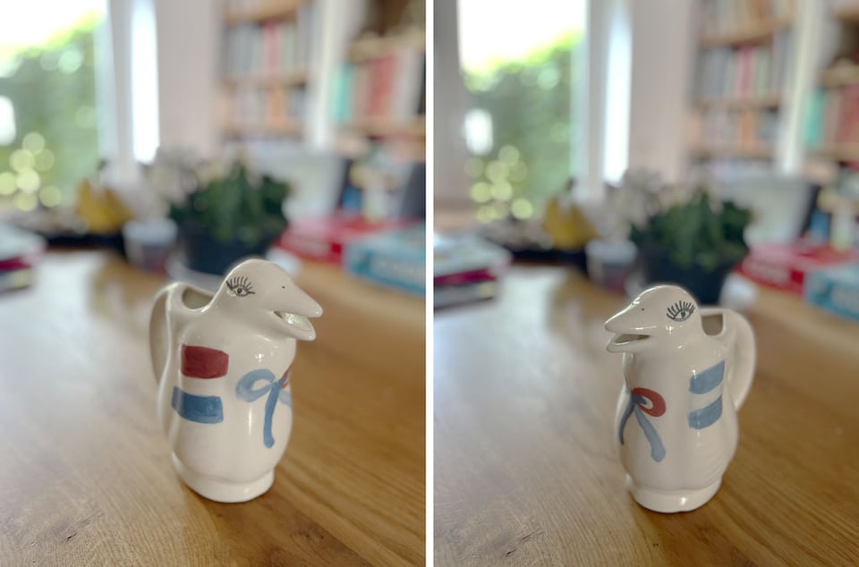 A white "penguino" (jug shaped like a penguin for serving wine) with Dutch flag painted on one side and Argentine flag on the other.