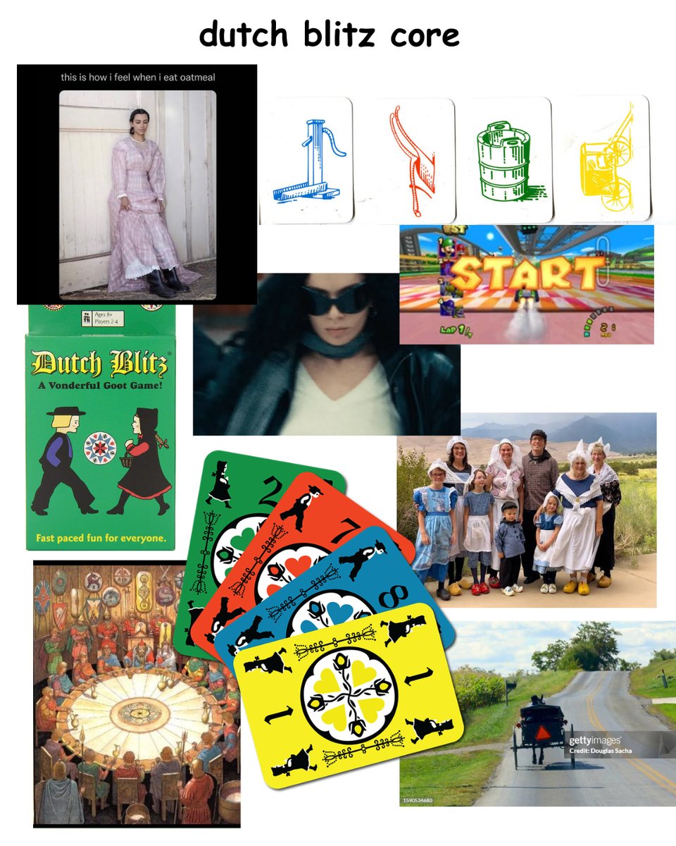 title is "dutch blitz core", with a series of colorful images below, some of cards, netherlands, europe, mario kart, etc