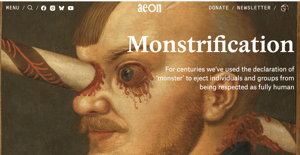 Screenshot showing the image at the top of my essay on "Monstrification": a detail from a Renaissance painting depicting an unfortunate chap with a lance through one eye.
