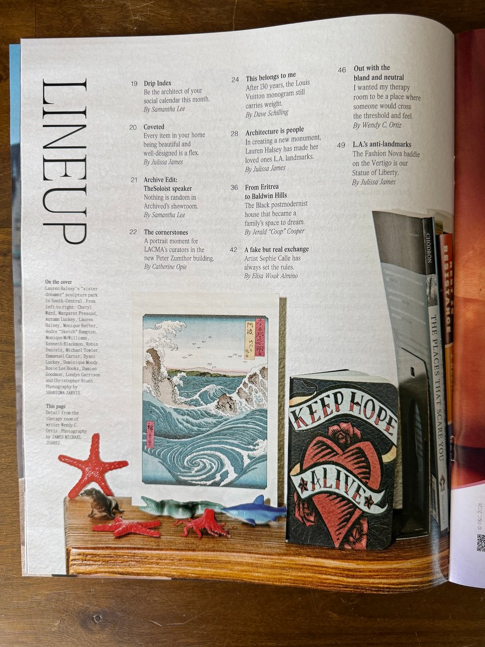 The table of contents of the April 2026 issue of the LA Times IMAGE magazine. It features a photo of one of the shelves in my therapy office. Photo by James Michael Juarez.