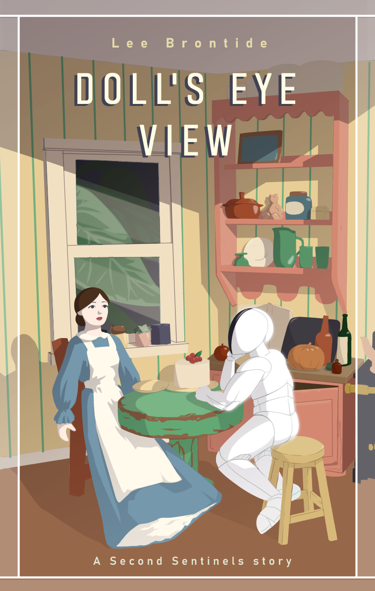 A white, many-jointed robot sits at a green table across from a slightly larger old-fashioned doll in a blue dress. They are in a cheerful yellow doll house room, and there is a large houseplant visible through the window.