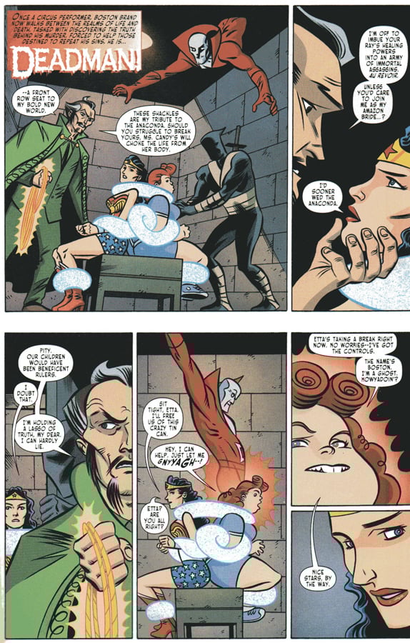a page of comics from Sensation Comics #4 by Dean Haspiel, words by Neil Kleid, featuring Wonder Woman and Deadman