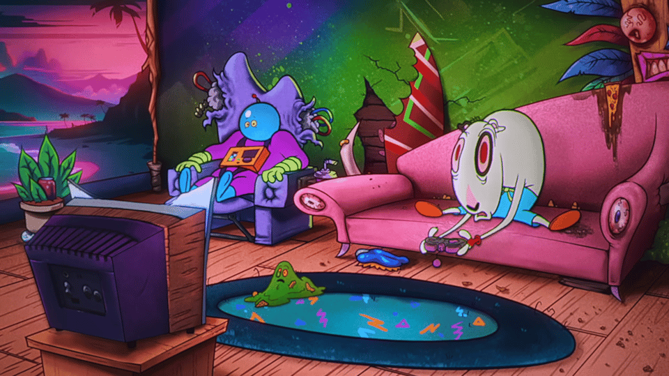 A strange-looking dog wearing shorts sits on a couch, hypnotised by the video game he's playing. A strange alien sits on a beaten up armchair next to him.