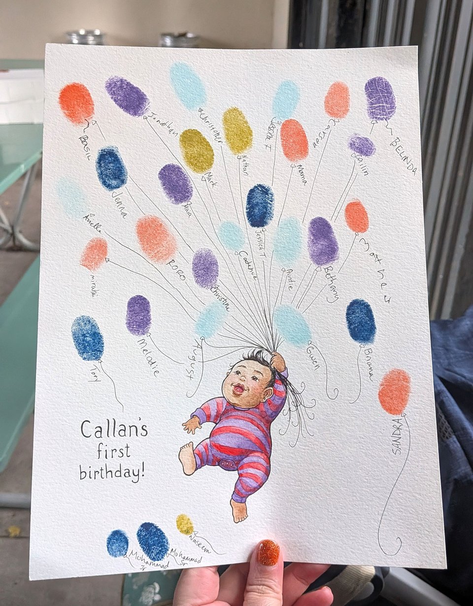 an illustration of a chubby baby with medium brown skin floating away clutching a bouquet of balloons. The baby is grinning and looking up at the balloons, swinging one foot happily. They are wearing a red and purple striped onesie. The balloons are made of thumbprints, and the strings of the balloons are the names belonging to the thumbprints. The bottom left has handwritten text that reads "Callan's first birthday!"