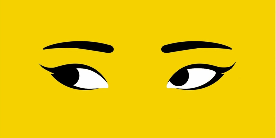 A pair of eyes on a yellow background.