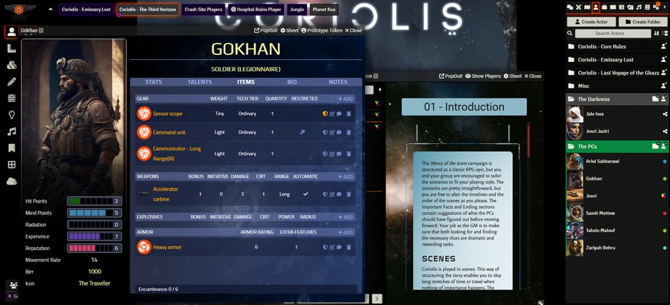 A Virtual Tabletop for a roleplaying game, Coriolis, it shows character sheets, journal entries and a list of actors/PCs