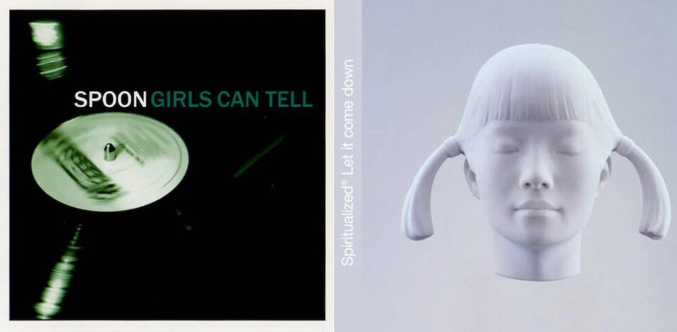 First pic: Close up of a green tinted black and white photo of a vinyl record spinning on a record player. The arm of the record player is almost at the end. Second pic: A sculpture of the head of a young woman in some kind of white material. The woman has her eyes closed. Her hair has bangs cut straight across, with a pig tail on each side, jutting out in a curved comma.
