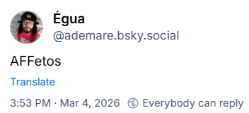 Post de Égua (‪@ademare.bsky.social‬) com o texto: AFFetos