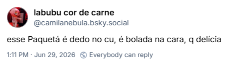 Post de labubu cor de carne (‪@camilanebula.bsky.social‬): esse Paquetá é dedo no cu, é bolada na cara, q delícia