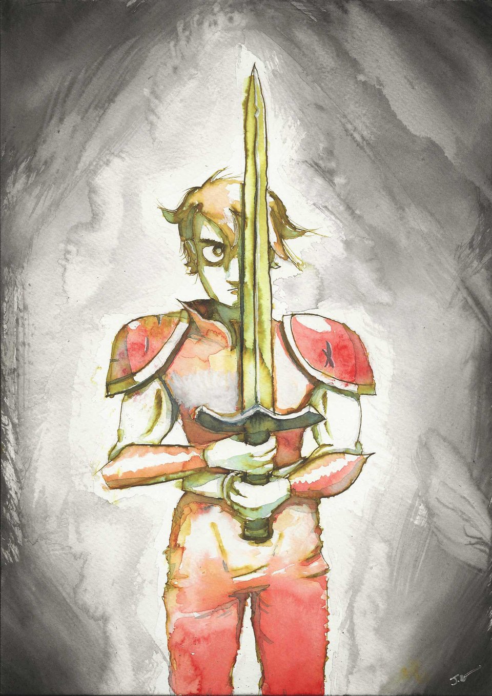 Painting of a warrior dressed in red clothing and armour, holding a sword to his chest, face half covered by the blade.
