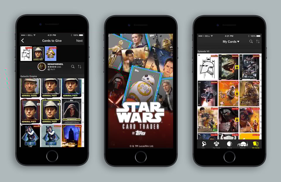 three iphones featuring various screens from the star wars card trader collecting app by topps